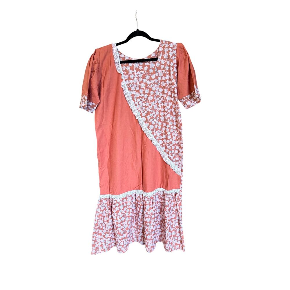 Handmade orange floral cottagecore shift dress midi autumncore prairie modest